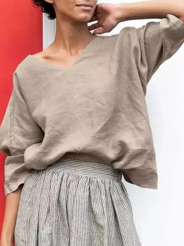 Women's Sleeve Cotton Linen V Neck T Shirt Khaki - Shop at LoveMi