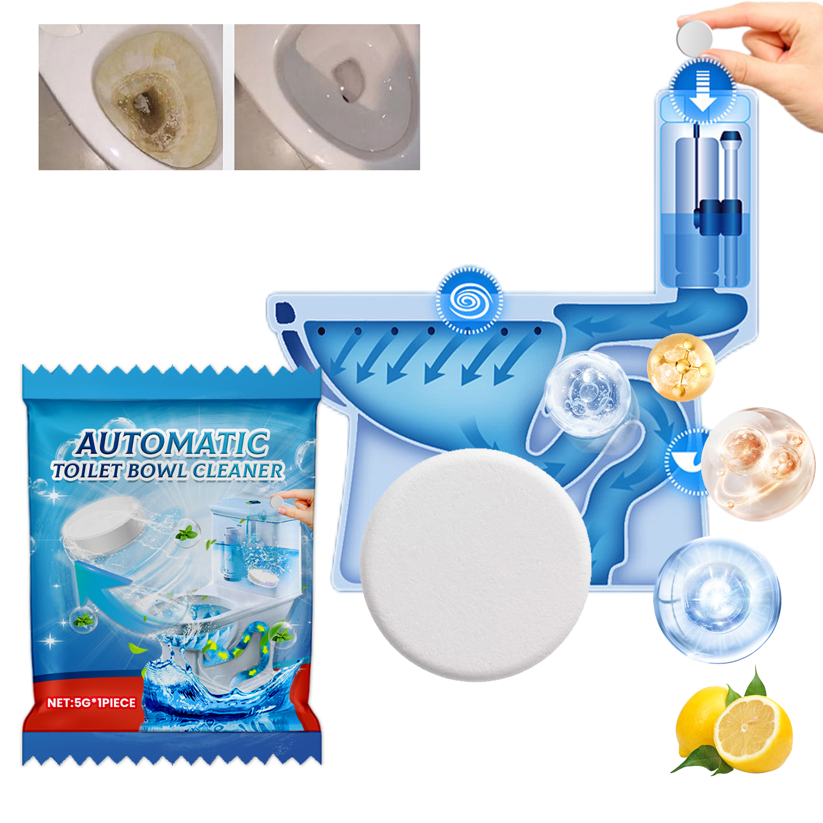 Toilet Cleaning Foaming Tablet Single 5gx1pc-bag, Toilet Cleaning Foaming Tablet Effect Deodorizing-Cleaning, White, Including Printed Slice Price 0.12