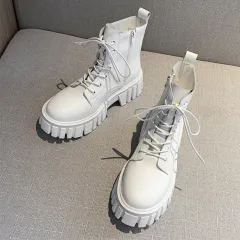 British Style Thick Soled Motorcycle Boots - White - View 1