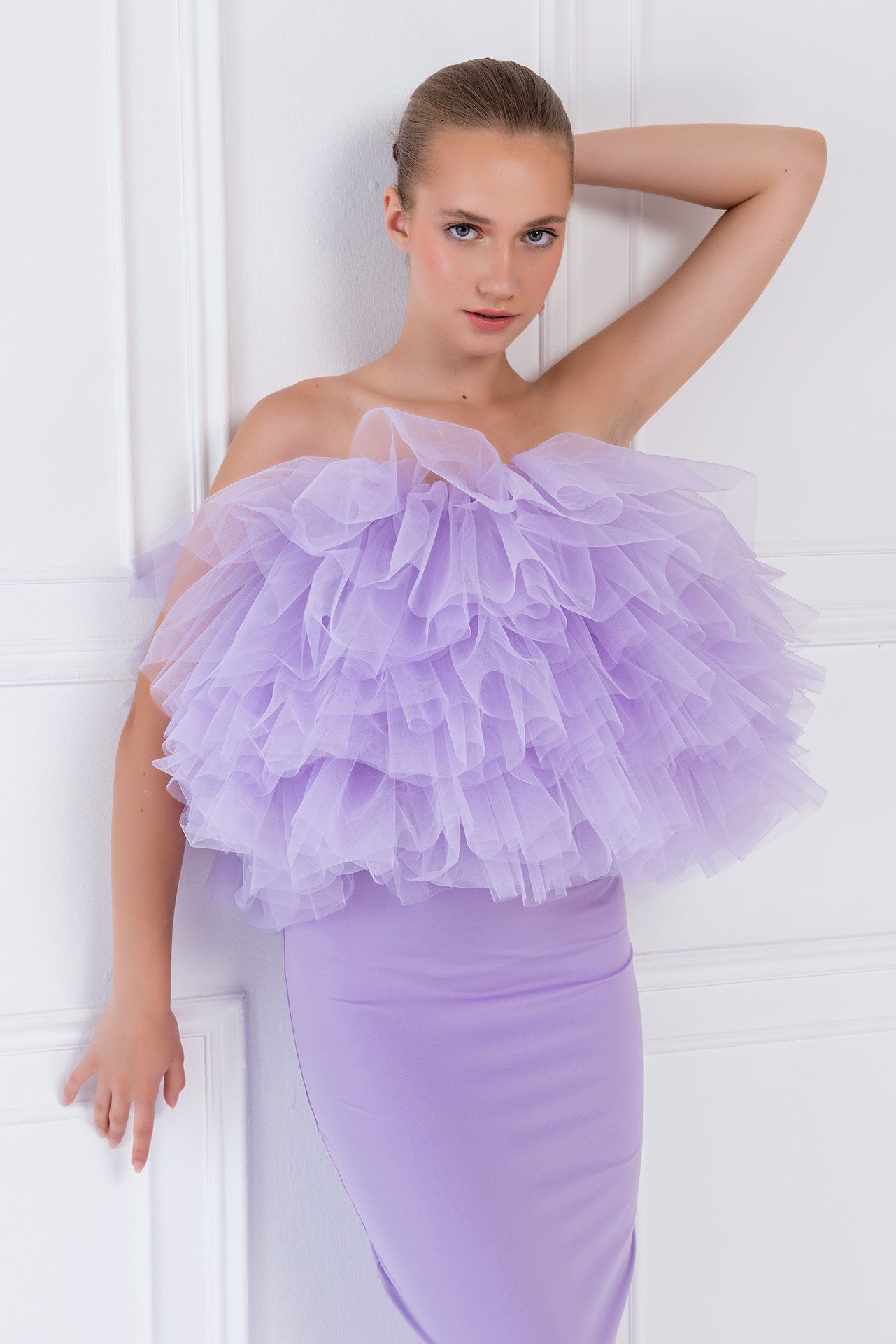 Ladies Fashion Mesh Slip-Neck Puff Top