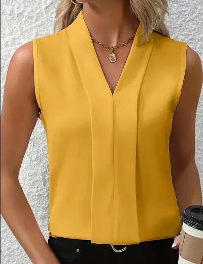 Women's Elegant Sleeveless V Neck Blouse Breezy Chic Top Ideal For Spring & Summer, Versatile Fashion For Casual Or Formal Wear Yellow - Shop at LoveMi