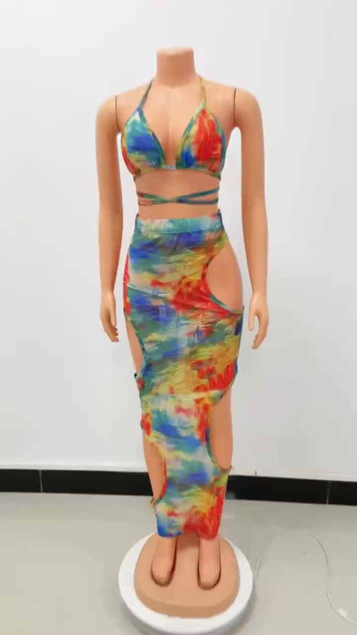 Ladies Fashion Lace Up Mesh Print Dress Two Piece Set