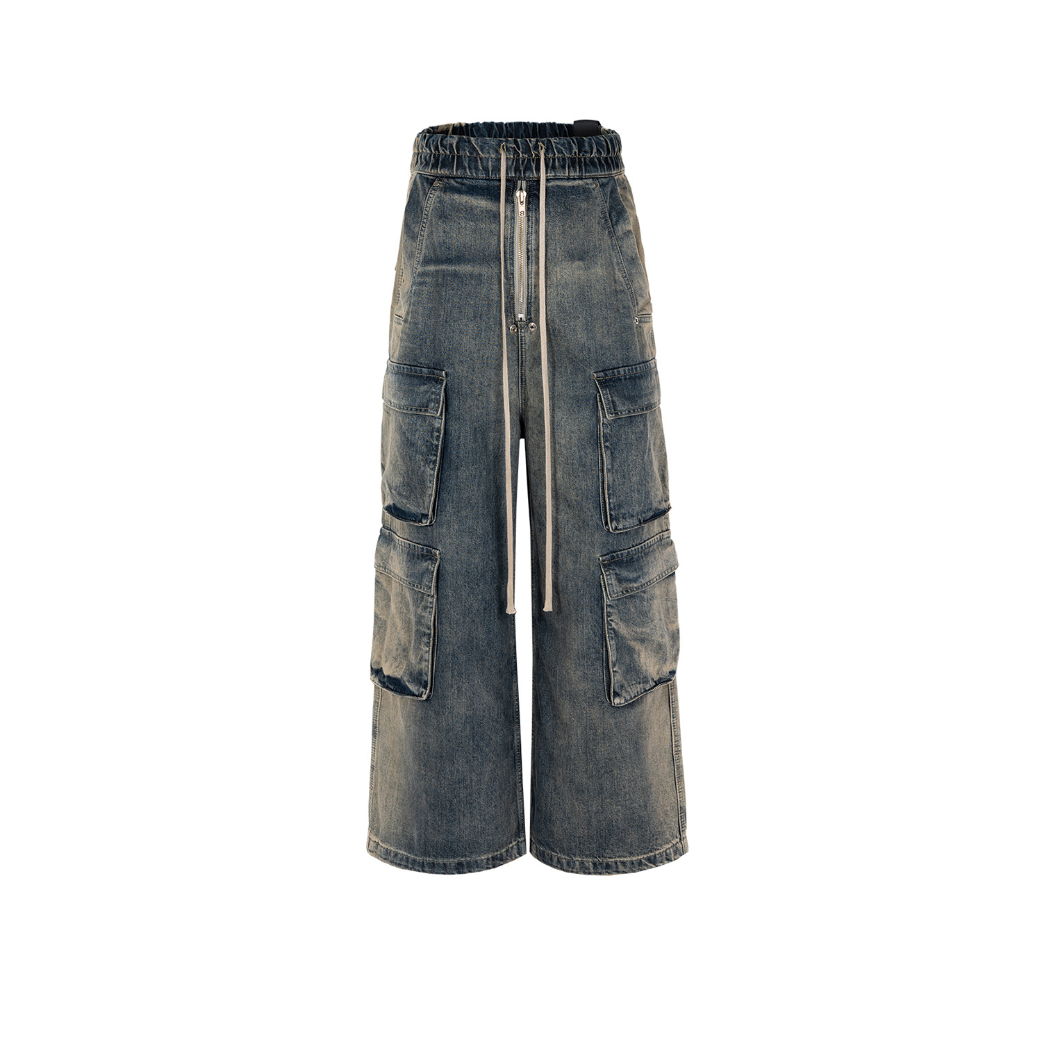 Washed Wide-leg Multi-pocket Gradient Jeans