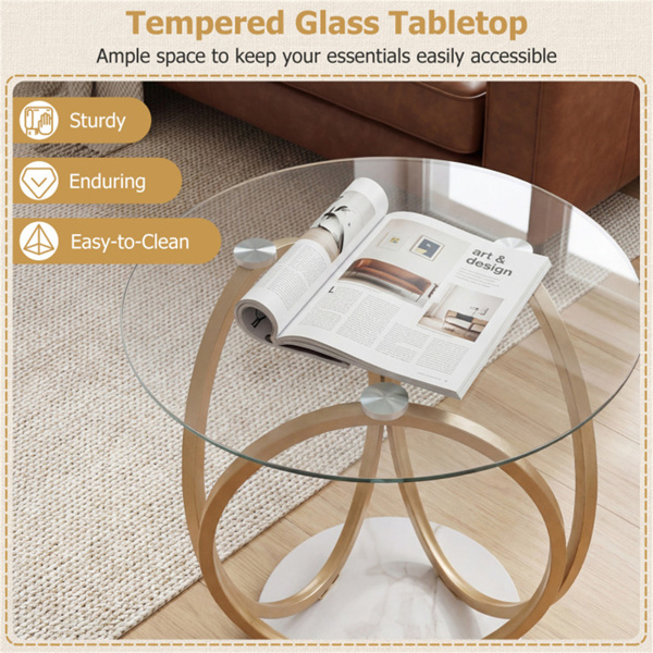Modern Round Side Table With Tempered Glass And Marble Base_voghion.com