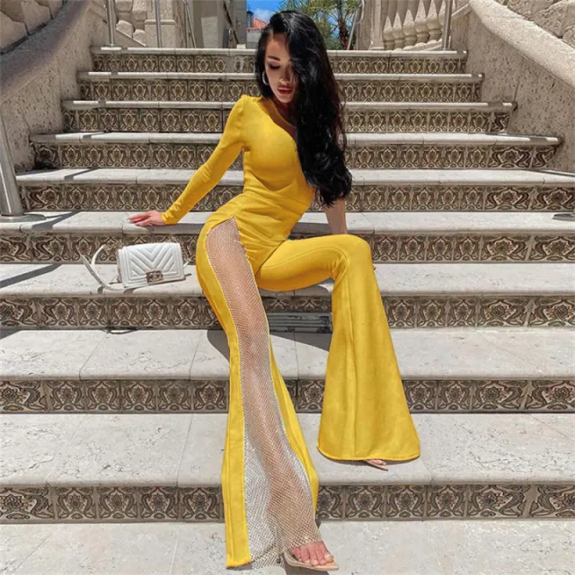Fashion Solid Color One shoulder Mesh Stitching Jumpsuit Yellow - Shop at LoveMi