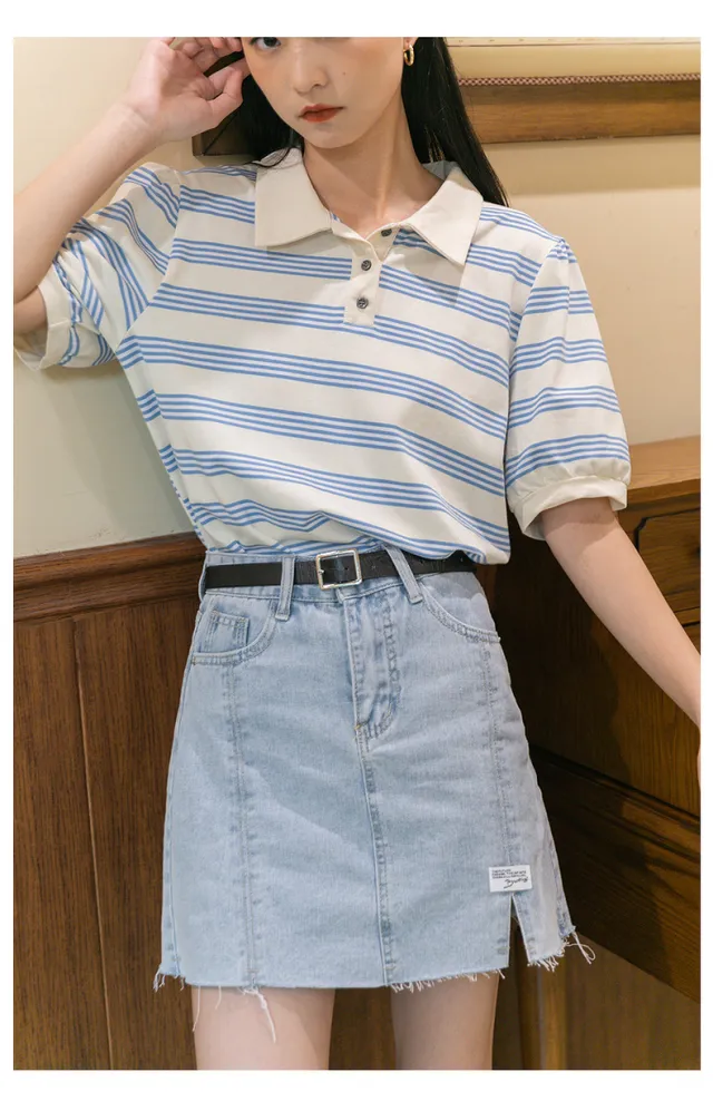 Striped Cotton Short Sleeved T Shirt Lapel Korean Style Design Loose Top Blue - Shop at LoveMi