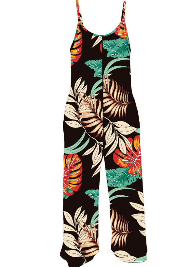 Plus Size Botanical Print Pocketed Straight Jumpsuit