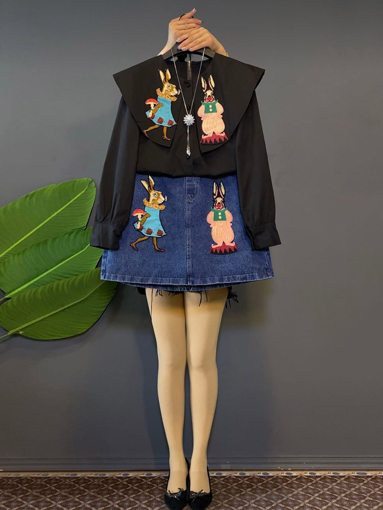 TOPAge-reduced Embroidered Rabbit Doll Collar Shirt