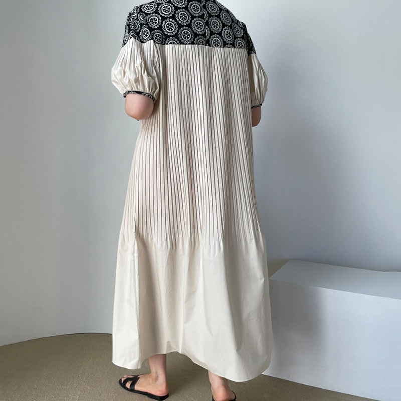 Round Neck Embroidered Flower Stitching Puff Sleeve Pleated Dress