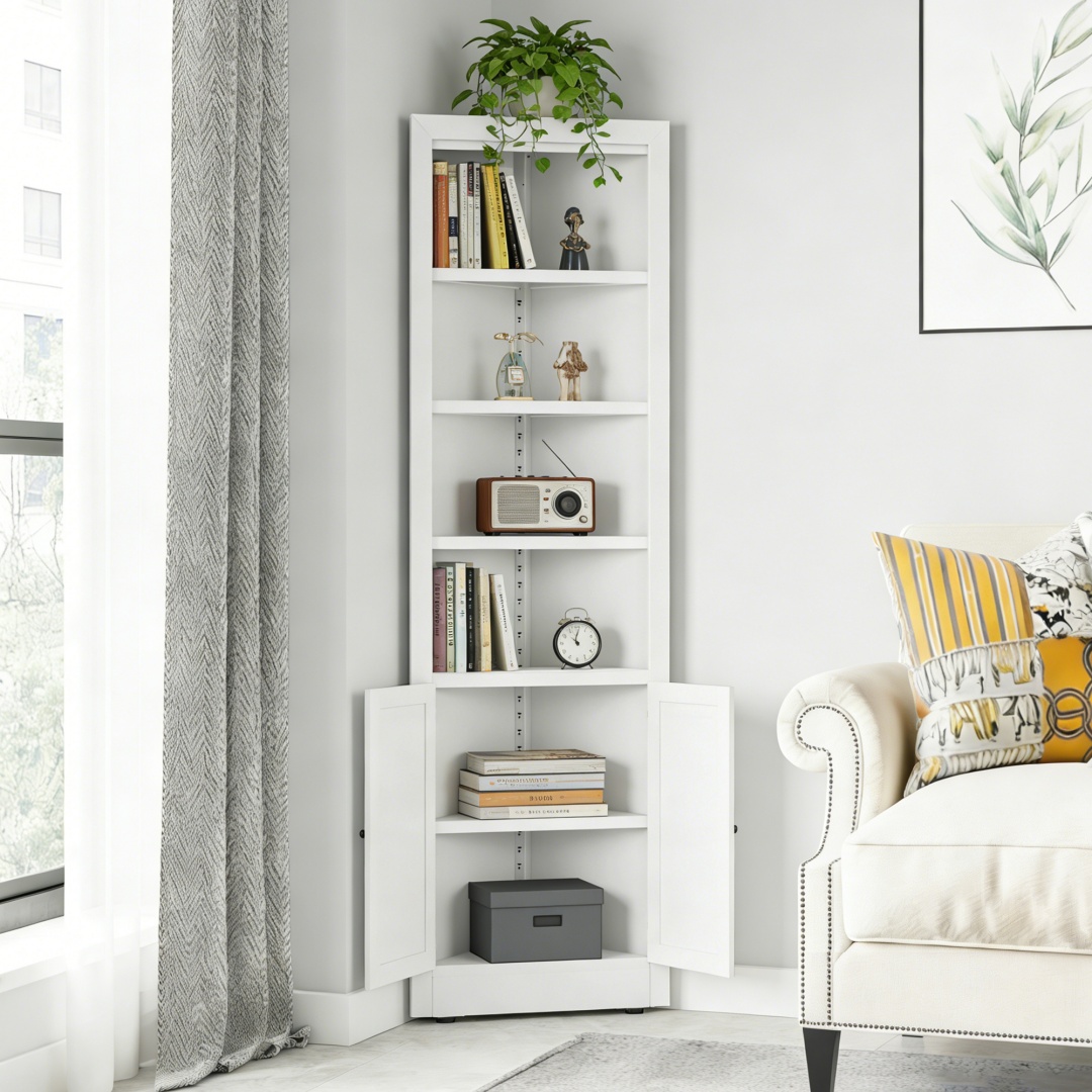 71in Tall Corner Storage Cabinet With 2 Doors, 5-Tier Metal Cabinet With Adjustable Shelves, Freestanding Kitchen Storage For Pantry, Living Room, Bathroom, Laundry Room, Space Saving Furniture, White