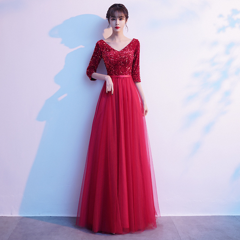 V-Neck Seven-Point Sleeve Evening Dress, picture 6 of 7