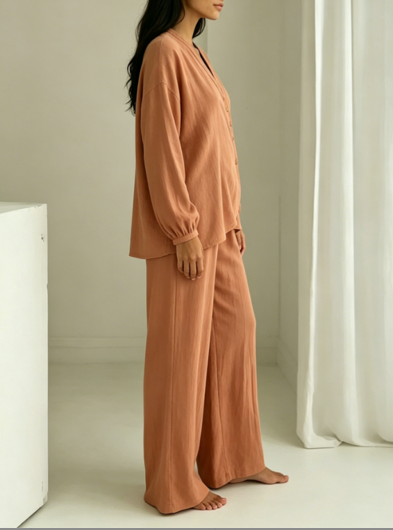 Dirty Orange Slanted V-neck Texture Cotton Linen Home Set