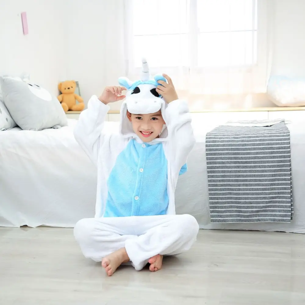 Cartoon One-piece Blue Autumn and Winter Flannel Animal Pajamas