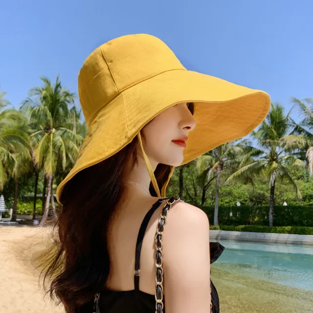 Japanese Solid Color Big Brim Fisherman's Hat Women's Spring And Summer Foldable Sun Hat Sunscreen Shading Yellow - Shop at LoveMi