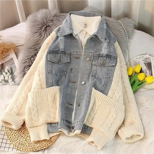 Large Size Women's Loose Denim Jacket Thickened Sweater Knitted Cardigan Milk White - Shop at LoveMi