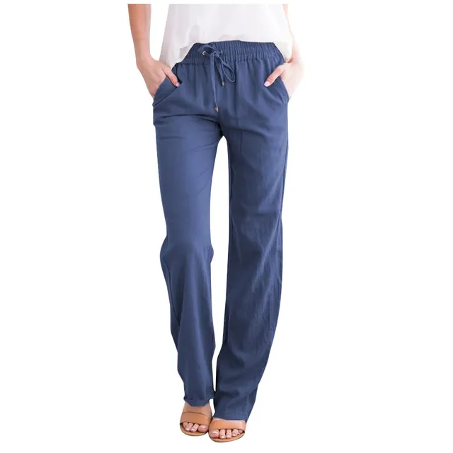 New Product Solid Color Tied Wide Loose Fashion Casual Wide leg Trousers Women Blue - Shop at LoveMi