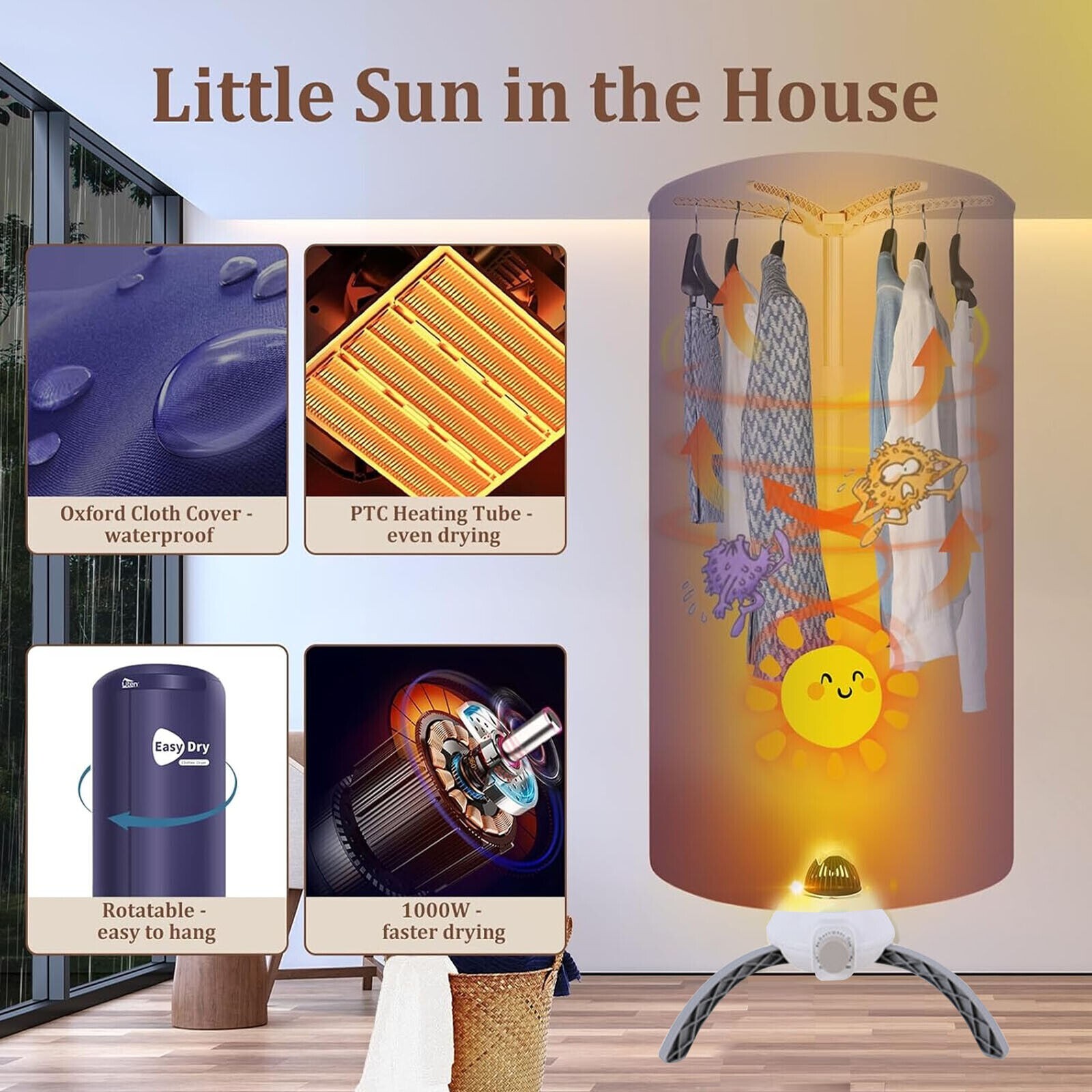 Portable Electric Heated Clothes Dryer & Cover Indoor Home Use Lightweight 1000W