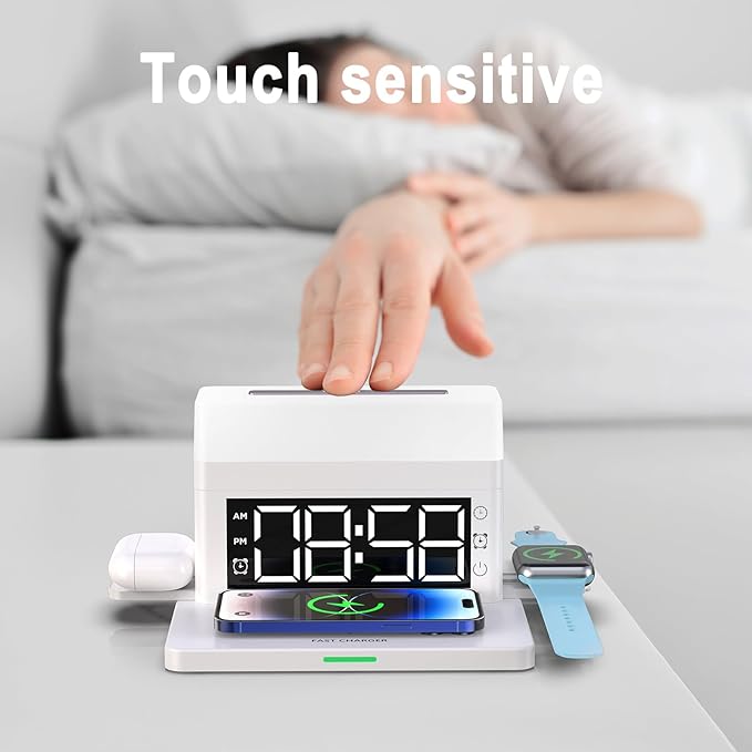 Digital-LED-Alarm-Clock-For-Bedrooms-Fast-Wireless-Charger-Station-For-Phone-Earphones-Smartwatch-Detachable-Portable-Colorful-Big-Night-Light-USB-Charging-Port-12-24H-White