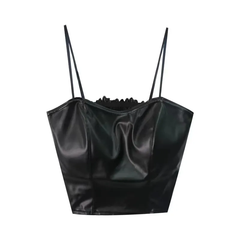 Retro Leather Vest Women Wear Short Stretch - Black
