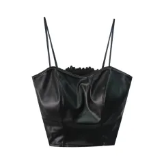 Retro Leather Vest Women Wear Short Stretch - Black - View 1