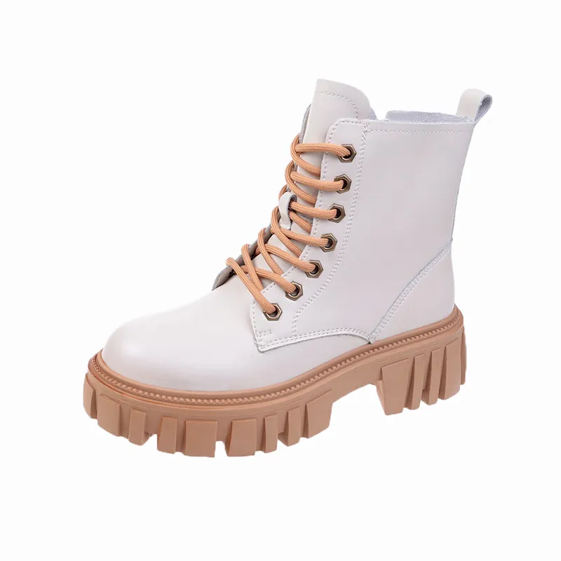 Round Toe Lace Autumn And Winter Fashion Personality Martin Boots - Beige