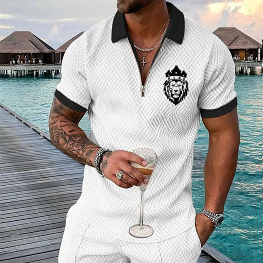 Men's Summer Fashion 3D Printed Short Sleeve Geometric Zip Lapel Shirt Set