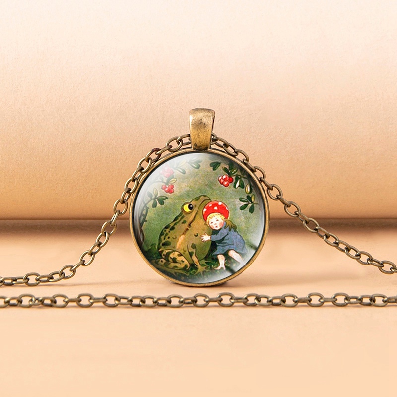 Cute fairy frog princess glass dome cabochon necklace