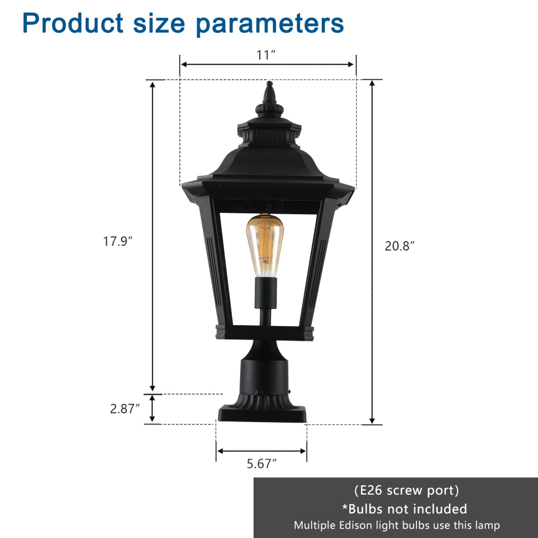 21in H 1-Pack Outdoor Post Lantern Light -Vintage Black Metal & Clear Glass... 10