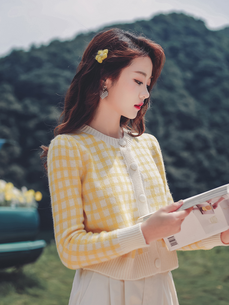 Literary Retro Plaid Knitted Cardigan Women's Thin Outer Jacket Short Sweater Jacket