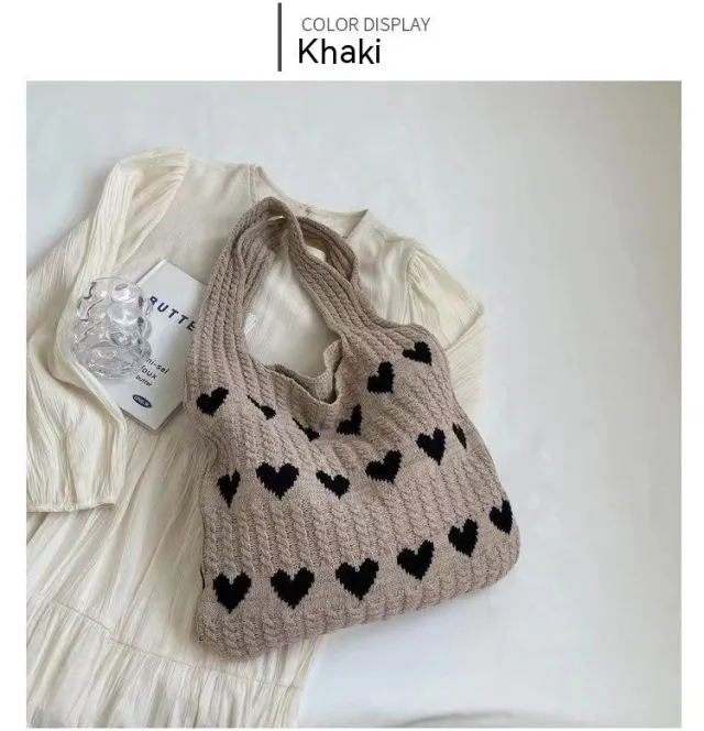Fashion Large Capacity Heart shaped Knitted Woven Shoulder Bag Khaki - Shop at LoveMi