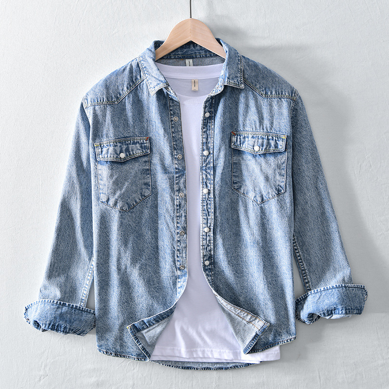 Simple Men's Long-sleeved Denim Shirt In White
