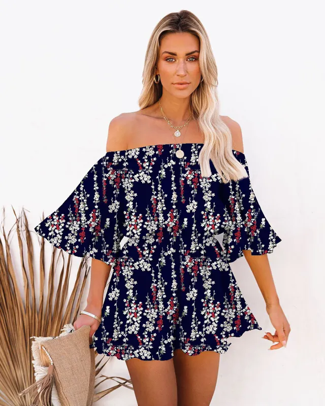 European And American Women's Stitching Short sleeved Loose Solid Color Chiffon Jumpsuit Navy - Shop at LoveMi