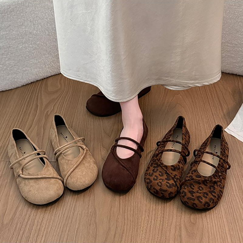 Women Leopard Print Criss Cross Strap Mary Jane Shoes Retro Flat French Ballet Flats