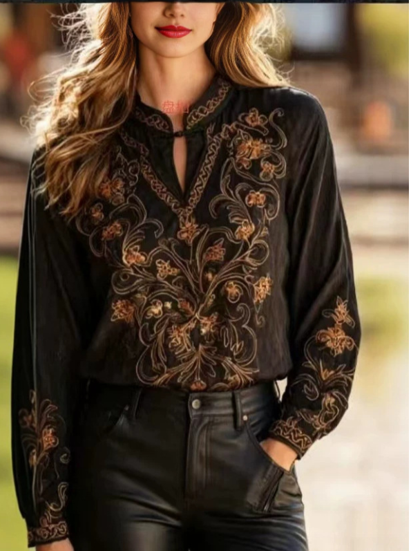 New Chinese-Style Standing Collar Buttoned Gold-Thread Floral Embroidery Satin Black Long Sleeve Shirt