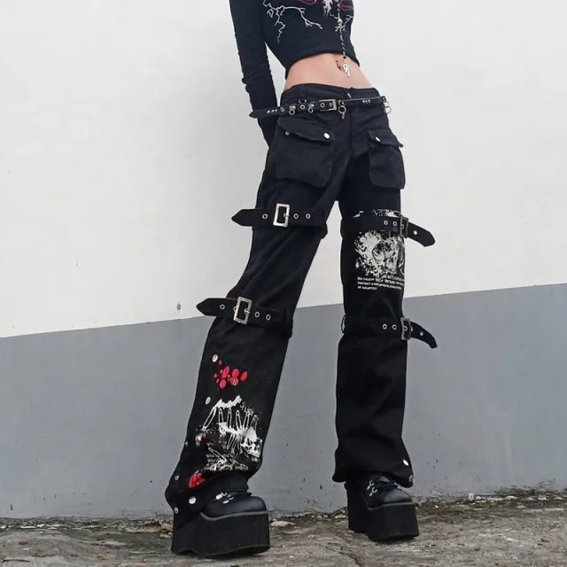 Little Devil Punk Style Leather Buckle Graffiti Black Jeans Wide leg Slim Straight leg Pants Trousers Black - Shop at LoveMi