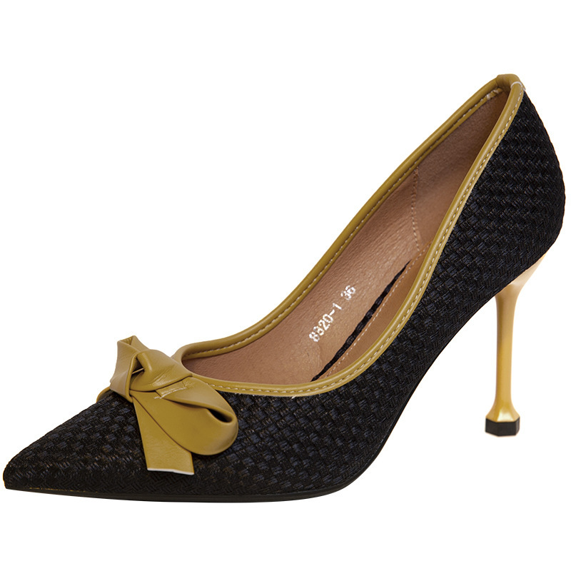 Women's Leather Bow Stiletto Pointed High Heels