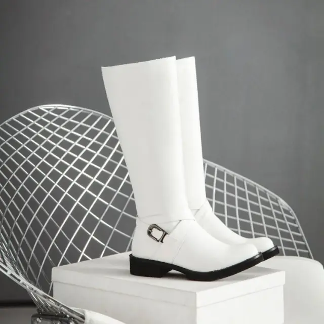 Womens Boots Shoes Flat Knee High Pu Leather Buckle Riding Calf White - Shop at LoveMi