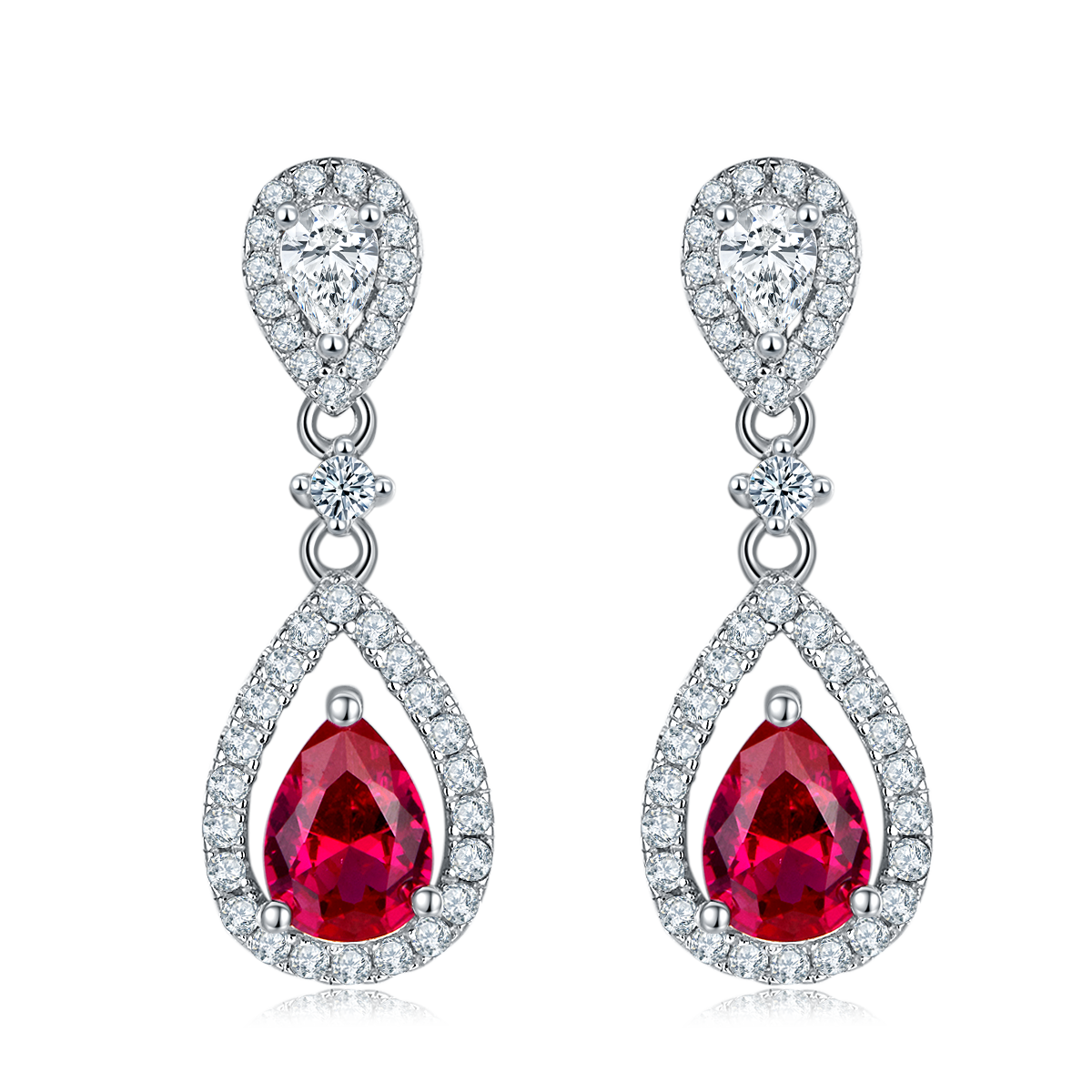 S925 Silver 3.9g Lab-Created Ruby Drop Earrings, 0.8ct 7x5mm Halo, Pair