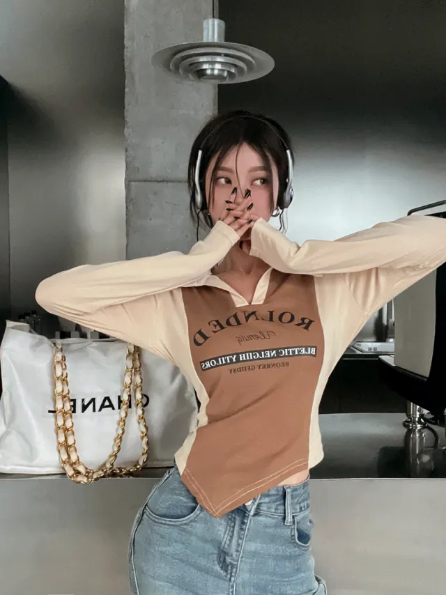 American Irregular POLO Neck T shirt Women's New Autumn Retro Sweet And Spicy Tight Coffee - Shop at LoveMi