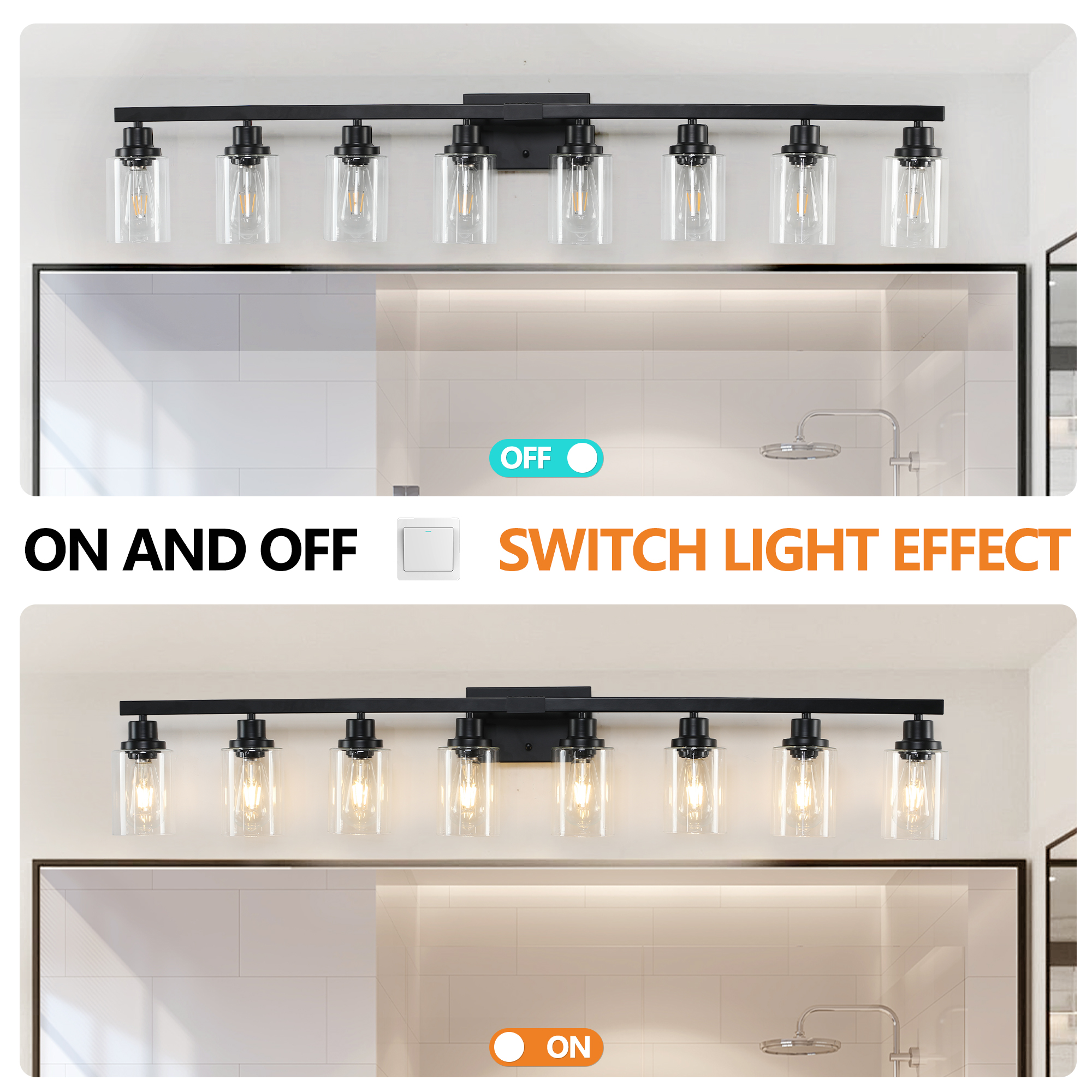 51  Black 8-Light Vanity Light With Clear Glass Shades, Modern Iron Metal Bathroom Wall Fixture For Mirror, Ideal For Bathroom And Dressing Table No Bulbs