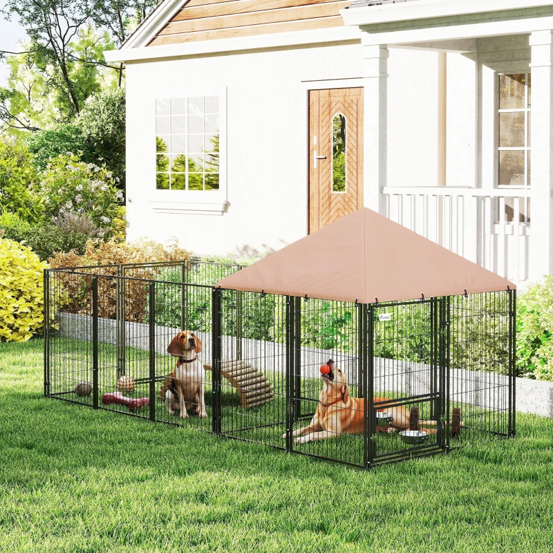 Large Outdoor Dog Kennel With Rotating & Adjustable Height Bowls, Waterproof & UV-Resistant Canopy