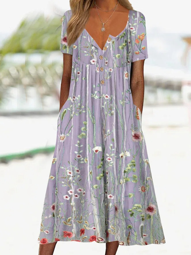 Printed Short Sleeve A Line Dress