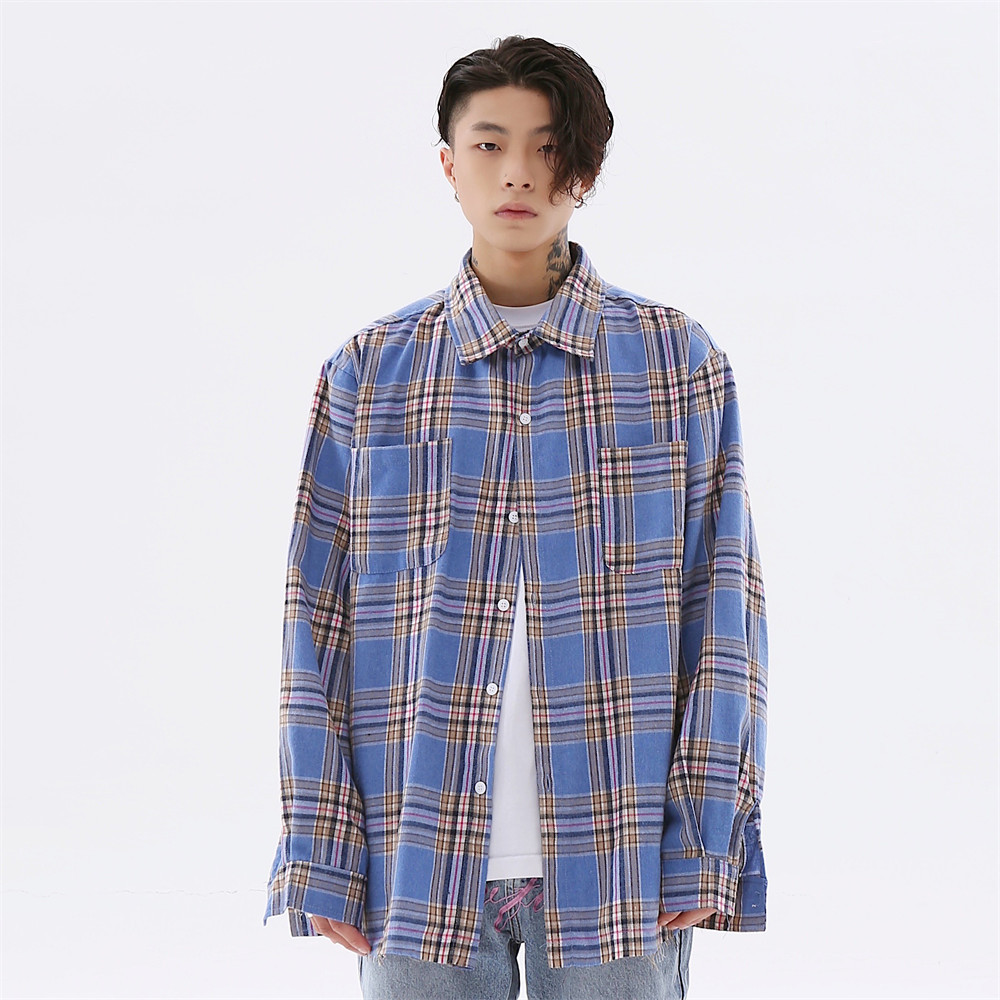 Men's Plaid English Letter Patch Embroidered Long Sleeve Shirt
