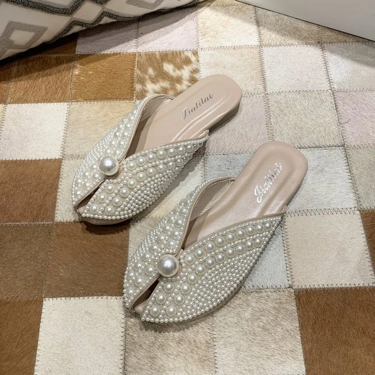 New Pearl Outer Wear Feminine Flat Sandals - Khaki
