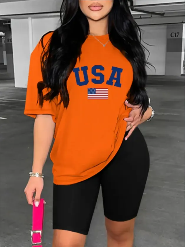 Chic American Flag Print Casual Outfit For Women Crew Neck Short Sleeve Tee & Biker Shorts Set, Machine Washable Orange - Shop at LoveMi