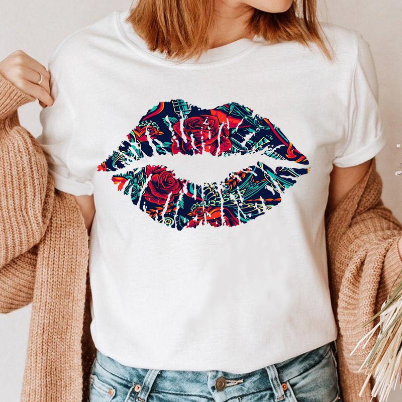 Fashion Printing Creative Color Lip Print Short Sleeve 8White - Shop at LoveMi