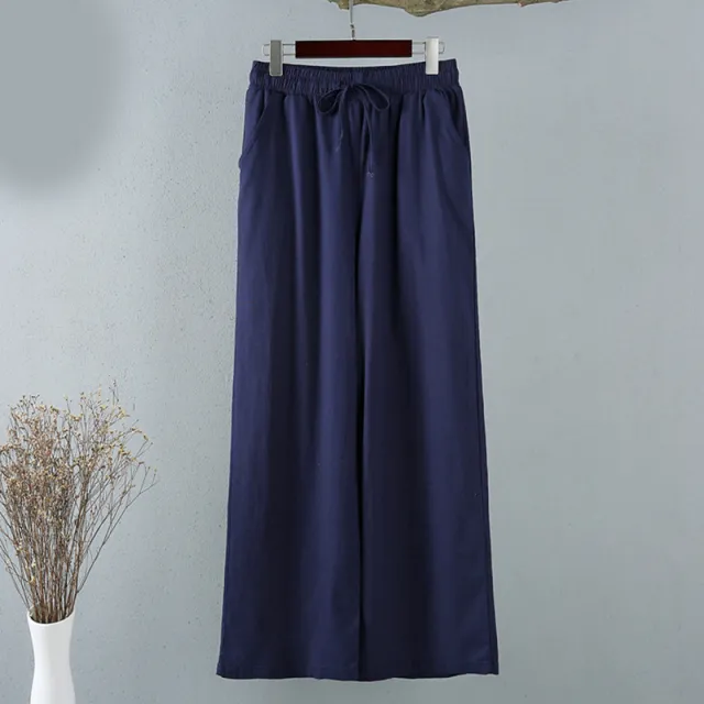 Women's Thin Cotton And Linen Wide leg Pants Navy Blue - Shop at LoveMi
