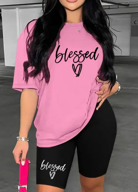 Women'S Two Piece Set Featuring A Stylish Printed T Shirt And Casual Shorts Pink - Shop at LoveMi