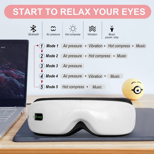 Heat Eye Massager with Music, Rechargeable. Health and wellness for your eyes. Spending hours working on the laptop or phone can cause fatigue for your eyes and mind. Fortunately, there are things you can do to alleviate headaches and provide relaxation. 