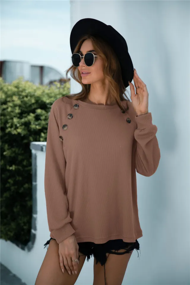 New Crew Neck Button Decorated Long Sleeve Knit Sweater Camel - Shop at LoveMi